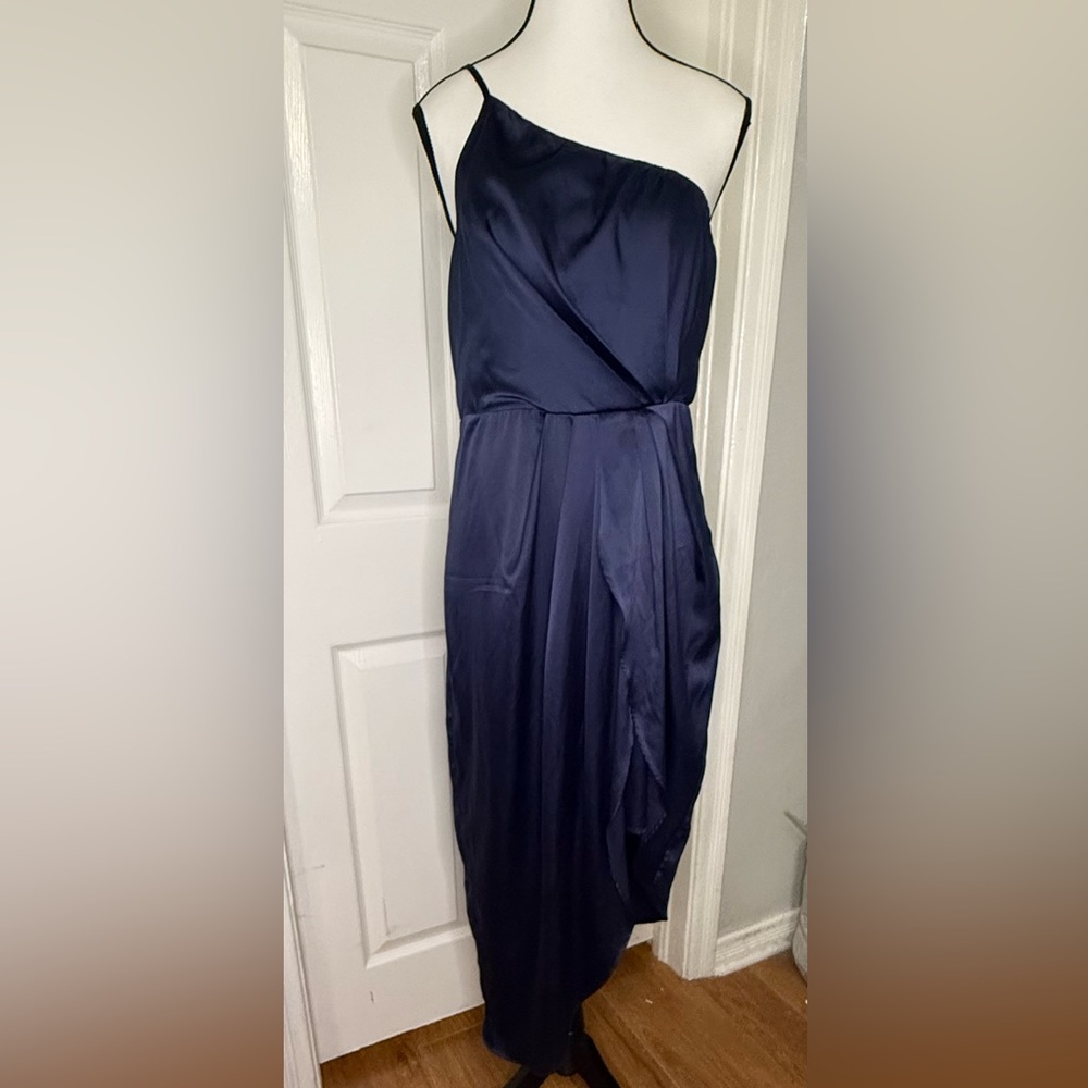 Lulu's Midnight Blue One-Shoulder Cocktail Dress Silky Prom - Picture 2 of 10